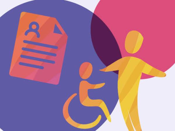 Icon showing a child in a wheelchair with and adult, and an information document