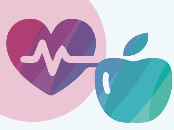 Icon showing a red circle with a heartbeat and a green apple