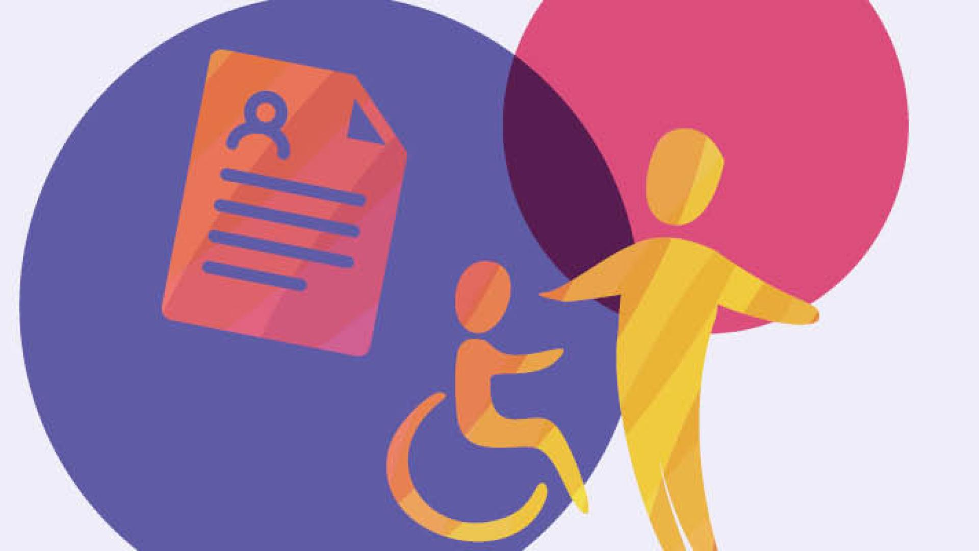 Icon showing a child in a wheelchair with and adult, and an information document